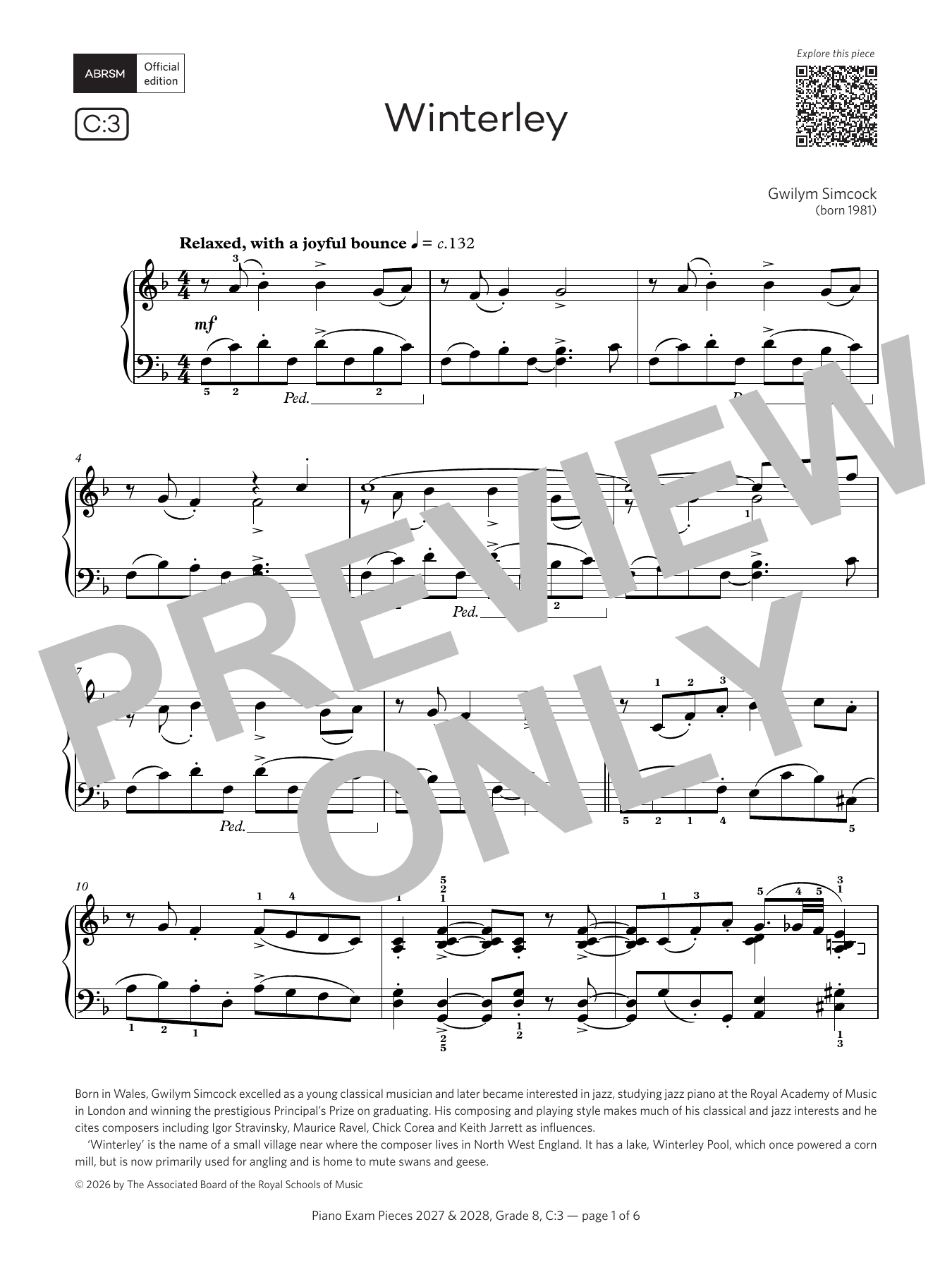 Gwilym Simcock Winterley (Grade 8, list C3, from the ABRSM Piano Syllabus 2027 & 2028) Sheet Music Notes & Chords for Piano Solo - Download or Print PDF