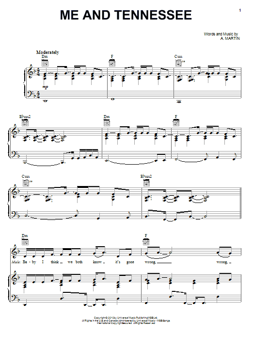 Gwyneth Paltrow Me And Tennessee Sheet Music Notes & Chords for Piano, Vocal & Guitar (Right-Hand Melody) - Download or Print PDF