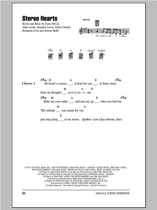 Gym Class Heroes Stereo Hearts (featuring Adam Levine) Sheet Music Notes & Chords for Piano, Vocal & Guitar (Right-Hand Melody) - Download or Print PDF