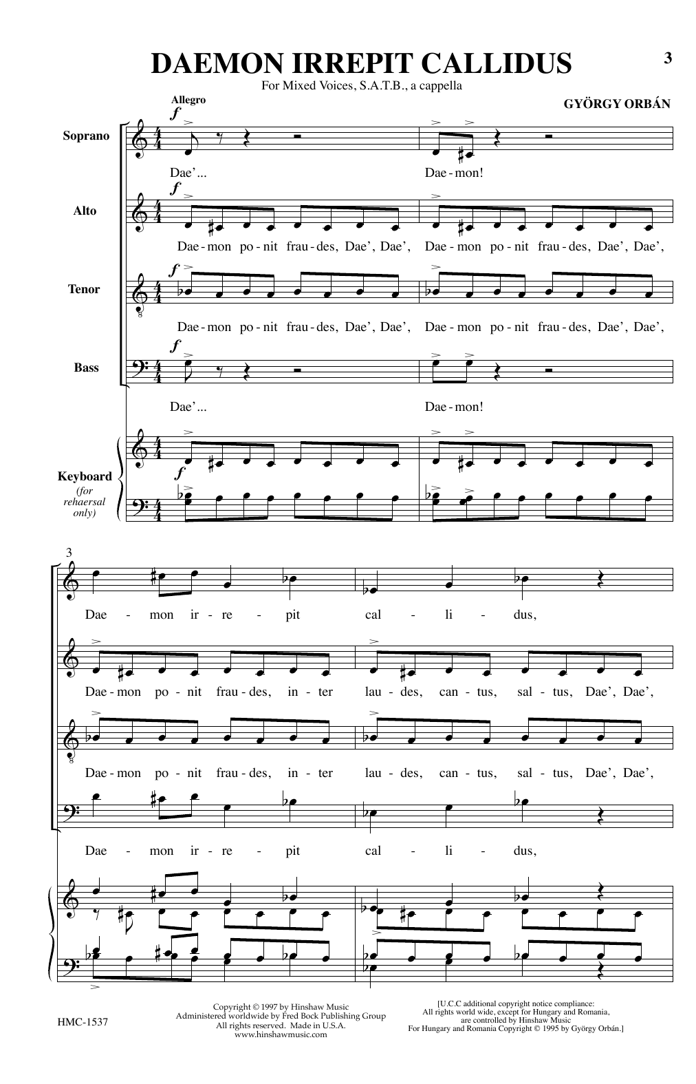 Gyorgy Orban Daemon Irrepit Callidus Sheet Music Notes & Chords for TTBB Choir - Download or Print PDF