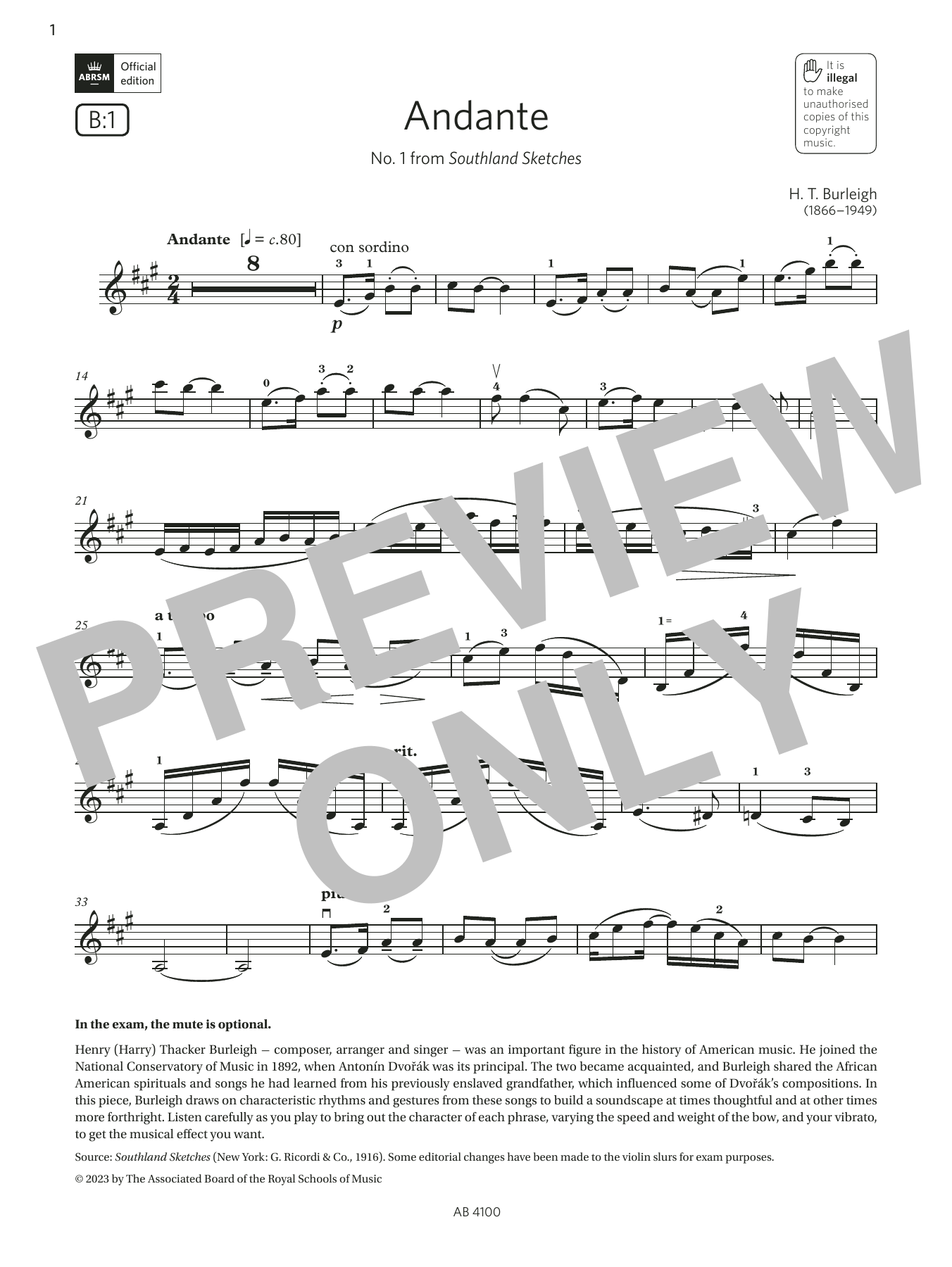 H. T. Burleigh Andante (Grade 6, B1, from the ABRSM Violin Syllabus from 2024) Sheet Music Notes & Chords for Violin Solo - Download or Print PDF