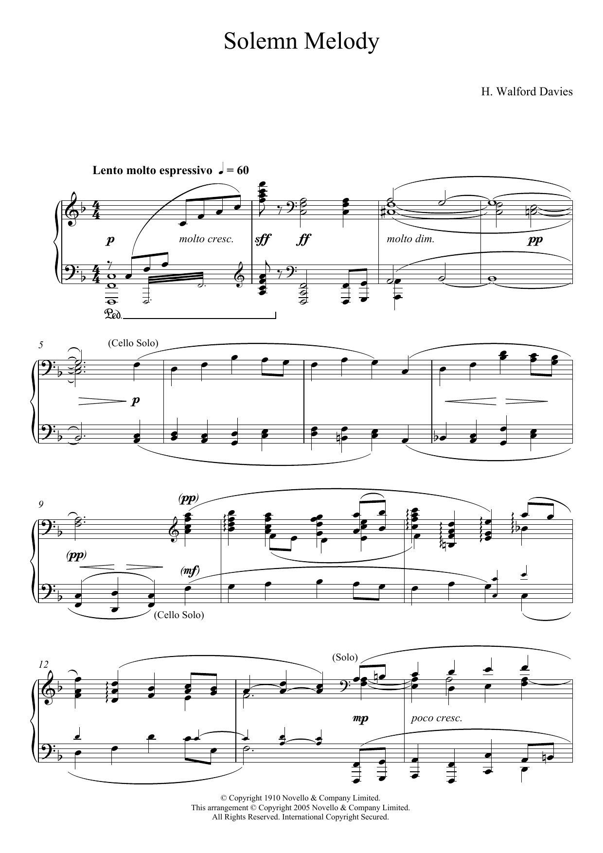 H. Walford Davies Solemn Melody Sheet Music Notes & Chords for Piano - Download or Print PDF