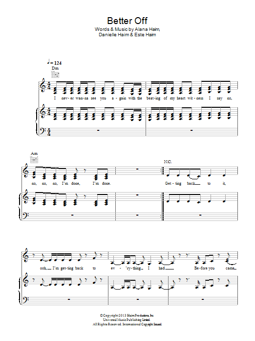 Haim Better Off Sheet Music Notes & Chords for Piano, Vocal & Guitar (Right-Hand Melody) - Download or Print PDF