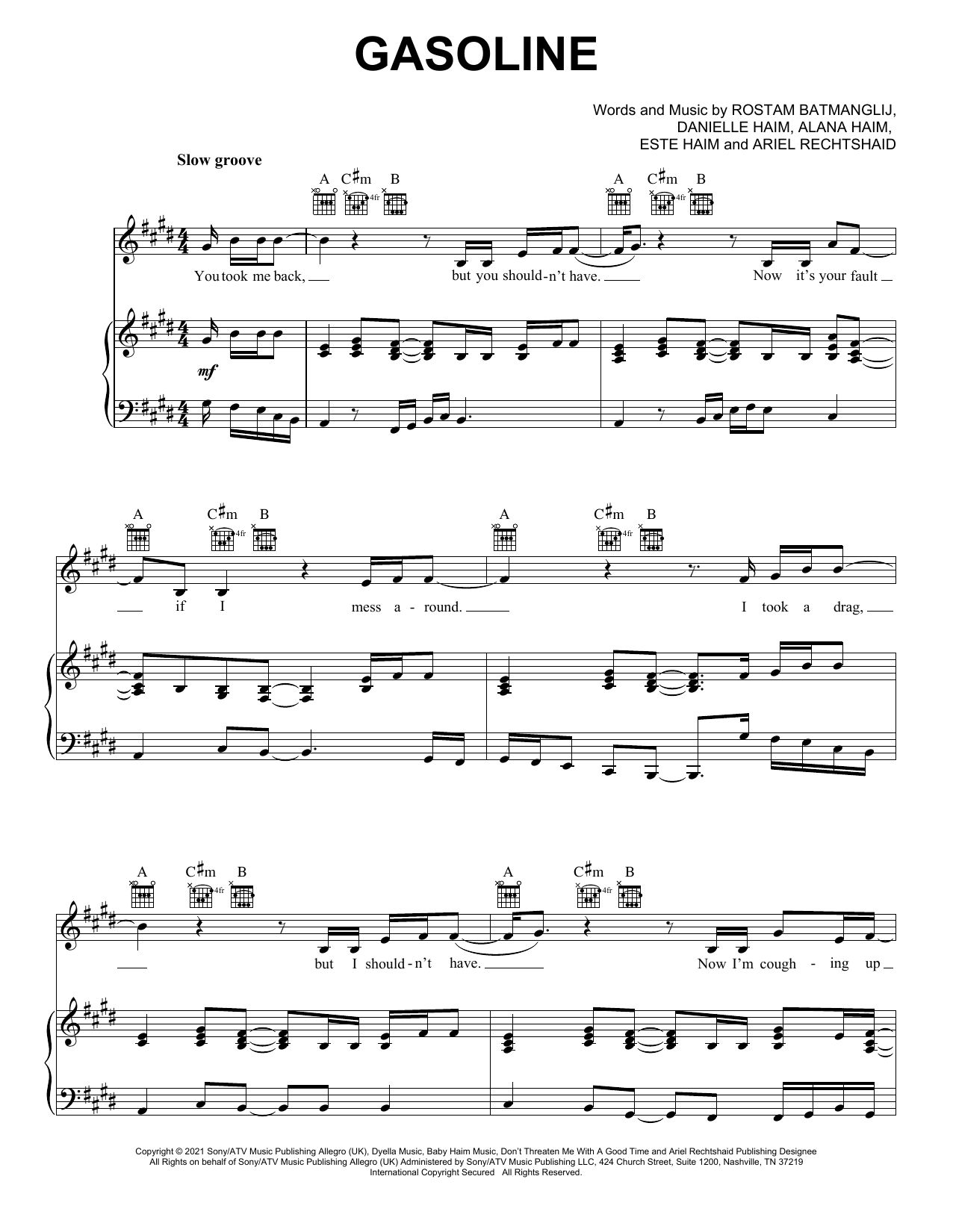 Haim Gasoline (feat. Taylor Swift) Sheet Music Notes & Chords for Piano, Vocal & Guitar (Right-Hand Melody) - Download or Print PDF