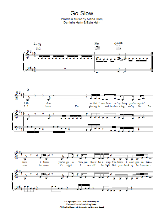 Haim Go Slow Sheet Music Notes & Chords for Piano, Vocal & Guitar (Right-Hand Melody) - Download or Print PDF