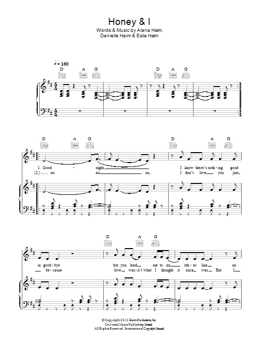 Haim Honey And I Sheet Music Notes & Chords for Piano, Vocal & Guitar (Right-Hand Melody) - Download or Print PDF
