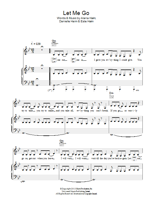 Haim Let Me Go Sheet Music Notes & Chords for Piano, Vocal & Guitar (Right-Hand Melody) - Download or Print PDF
