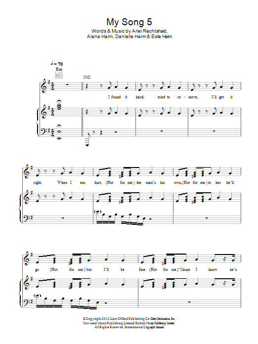 Haim My Song 5 Sheet Music Notes & Chords for Piano, Vocal & Guitar (Right-Hand Melody) - Download or Print PDF