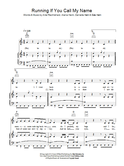 Haim Running If You Call My Name Sheet Music Notes & Chords for Piano, Vocal & Guitar (Right-Hand Melody) - Download or Print PDF
