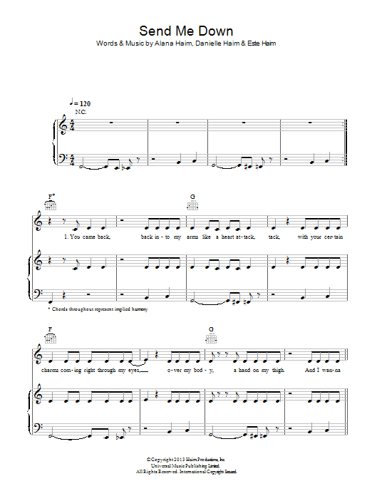 Haim Send Me Down Sheet Music Notes & Chords for Piano, Vocal & Guitar (Right-Hand Melody) - Download or Print PDF