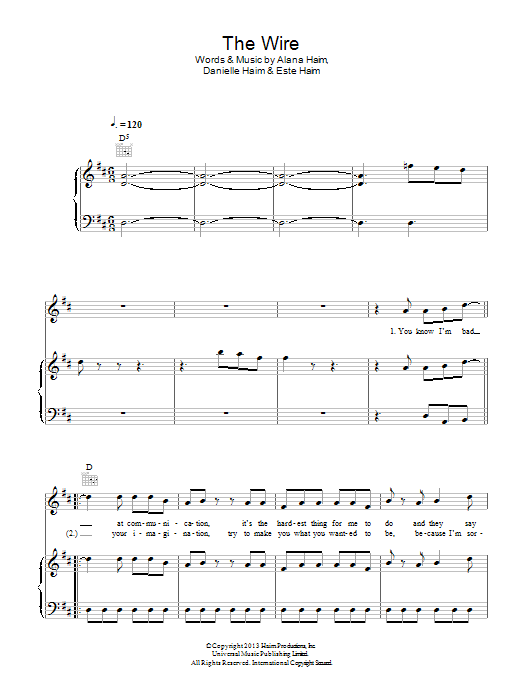 Haim The Wire Sheet Music Notes & Chords for Piano, Vocal & Guitar (Right-Hand Melody) - Download or Print PDF