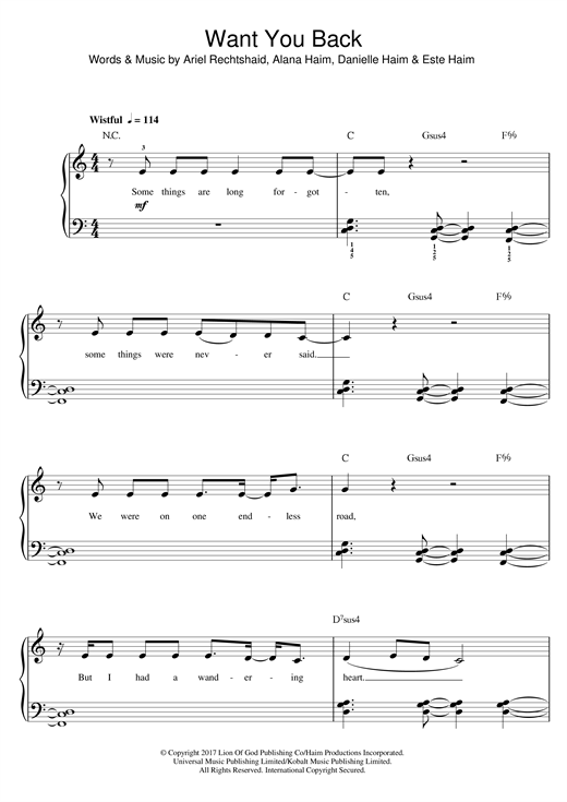 Haim Want You Back Sheet Music Notes & Chords for Piano, Vocal & Guitar (Right-Hand Melody) - Download or Print PDF