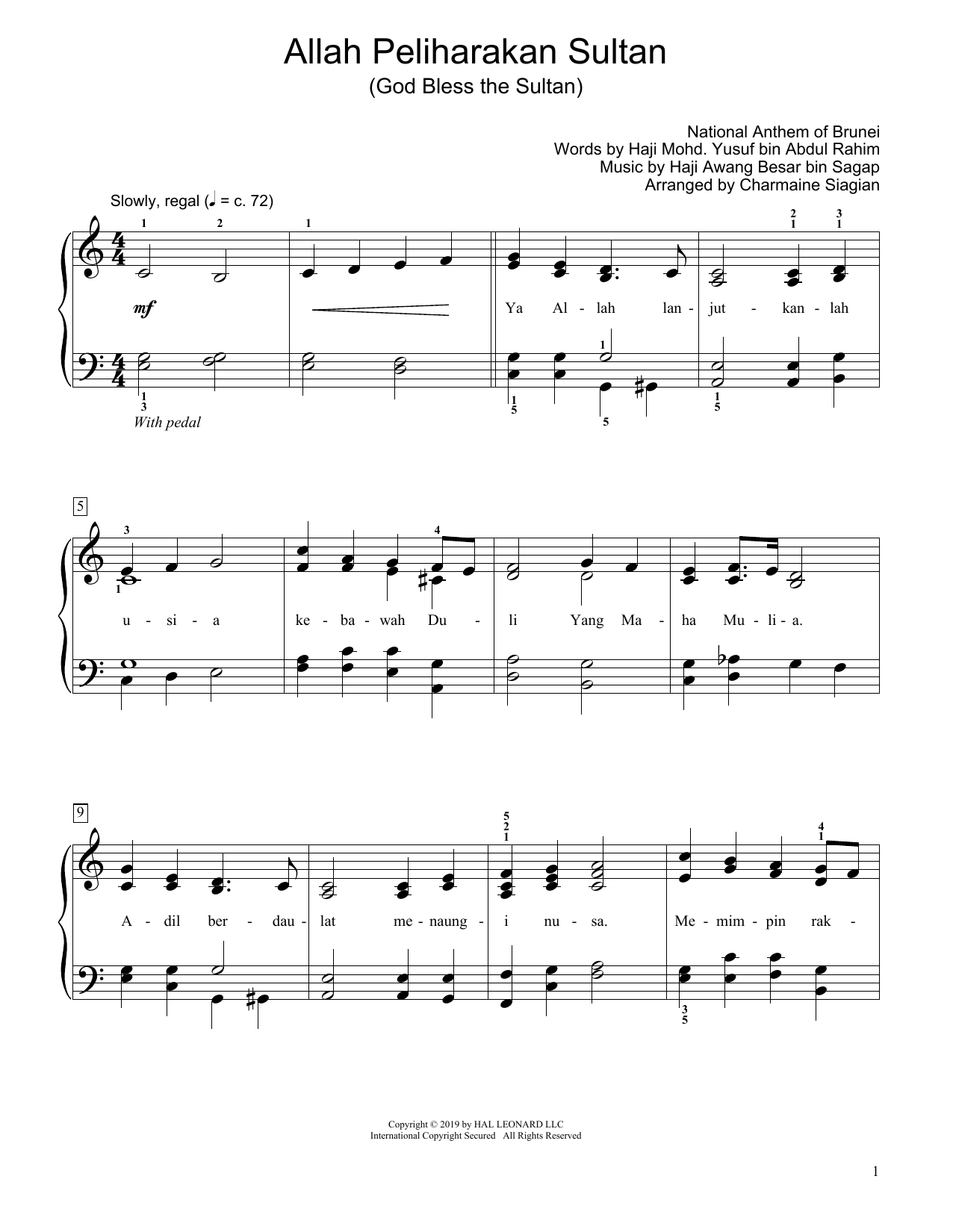 Haji Awang bin Sagap God Bless The Sultan (Allah Peliharakan Sultan) (arr. Charmaine Siagian) Sheet Music Notes & Chords for Educational Piano - Download or Print PDF