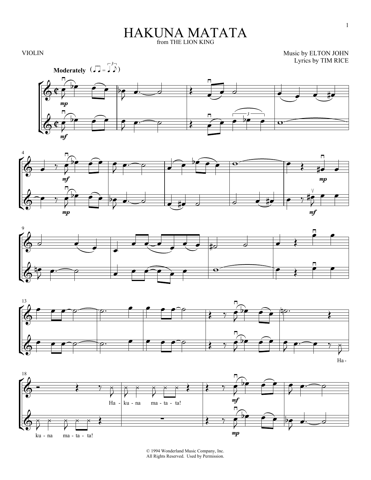 Elton John Hakuna Matata From The Lion King Sheet Music Download Pdf Score 417851