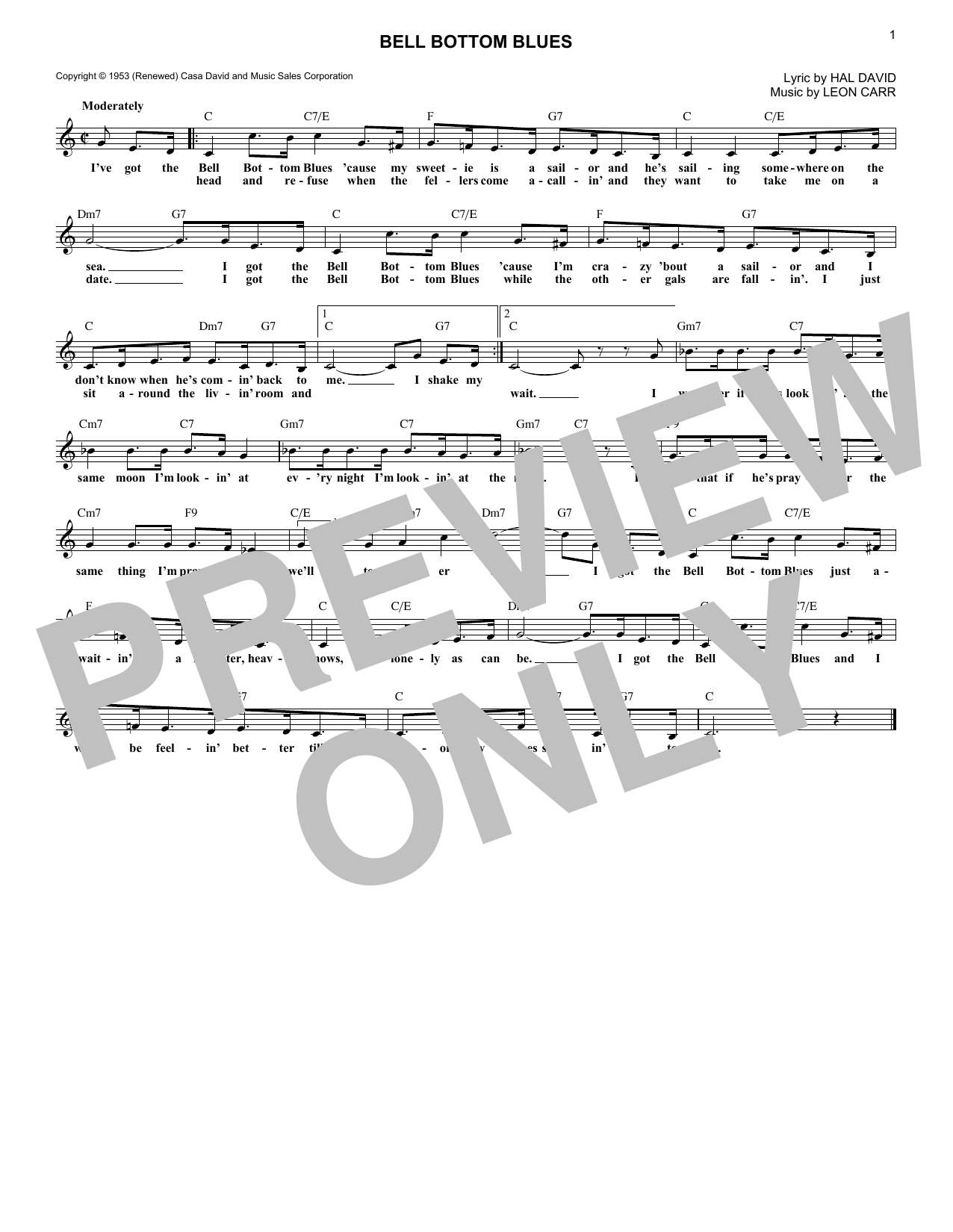 Hal David Bell Bottom Blues Sheet Music Notes & Chords for Melody Line, Lyrics & Chords - Download or Print PDF
