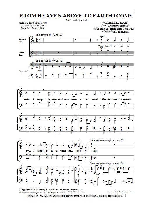 Hal Hopson From Heaven Above To Earth I Come Sheet Music Notes & Chords for SATB - Download or Print PDF