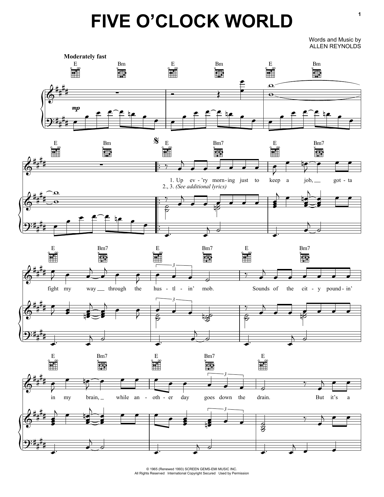 Hal Ketchum Five O'Clock World Sheet Music Notes & Chords for Piano, Vocal & Guitar (Right-Hand Melody) - Download or Print PDF