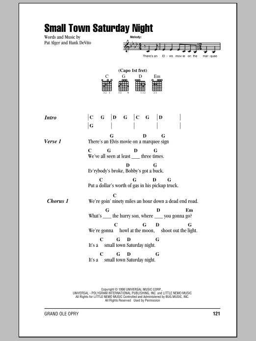 Hal Ketchum Small Town Saturday Night Sheet Music Notes & Chords for Lyrics & Chords - Download or Print PDF