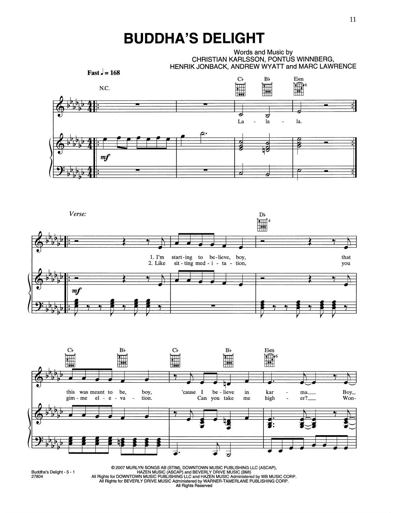 Haley Bennett Buddha's Delight (from Music And Lyrics) Sheet Music Notes & Chords for Piano, Vocal & Guitar Chords (Right-Hand Melody) - Download or Print PDF