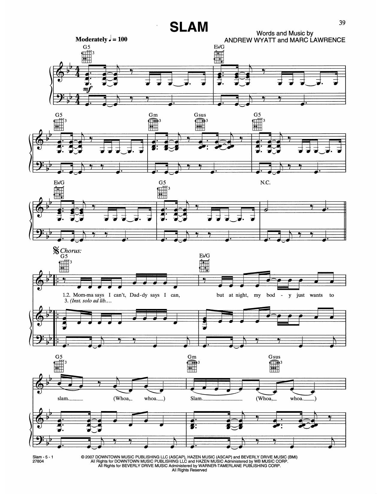 Haley Bennett Slam (from Music And Lyrics) Sheet Music Notes & Chords for Piano, Vocal & Guitar Chords (Right-Hand Melody) - Download or Print PDF