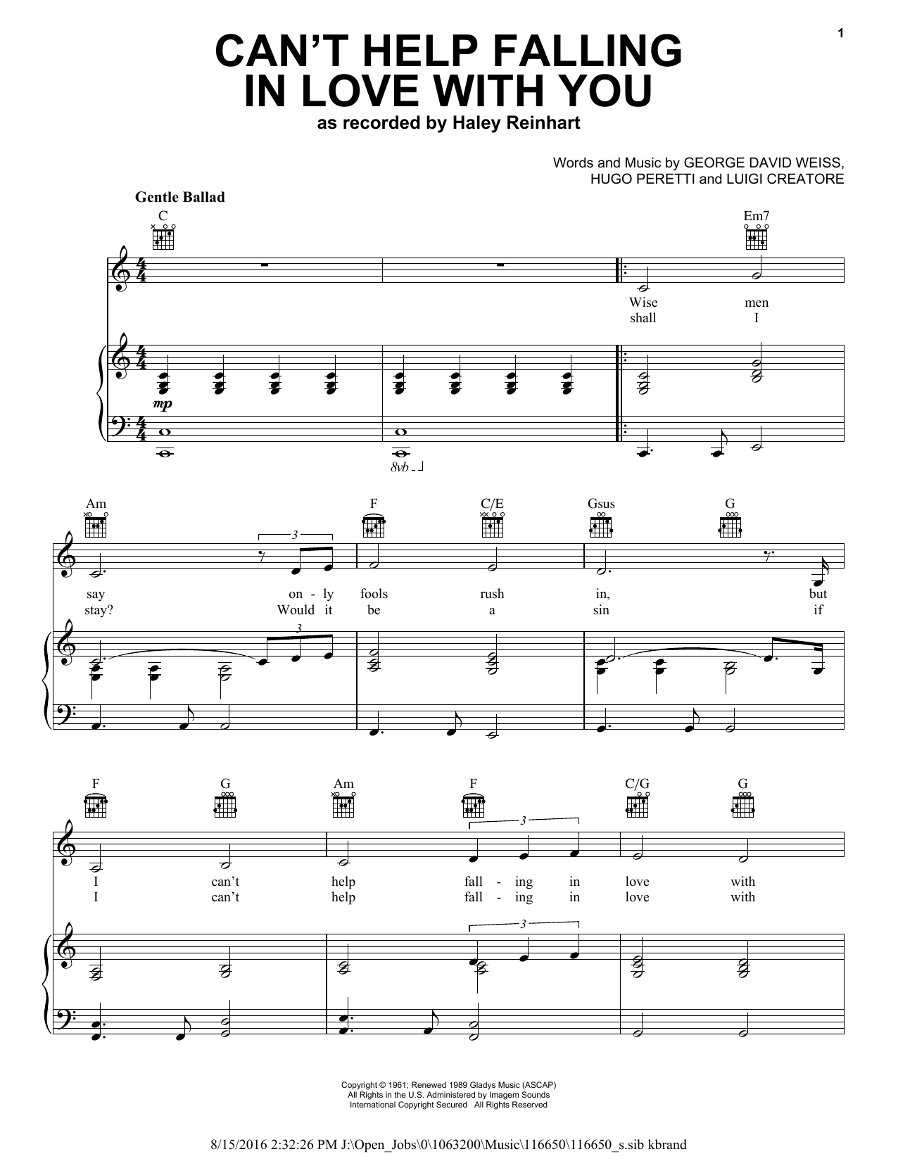 Haley Reinhart Can't Help Falling In Love Sheet Music Notes & Chords for Piano, Vocal & Guitar (Right-Hand Melody) - Download or Print PDF