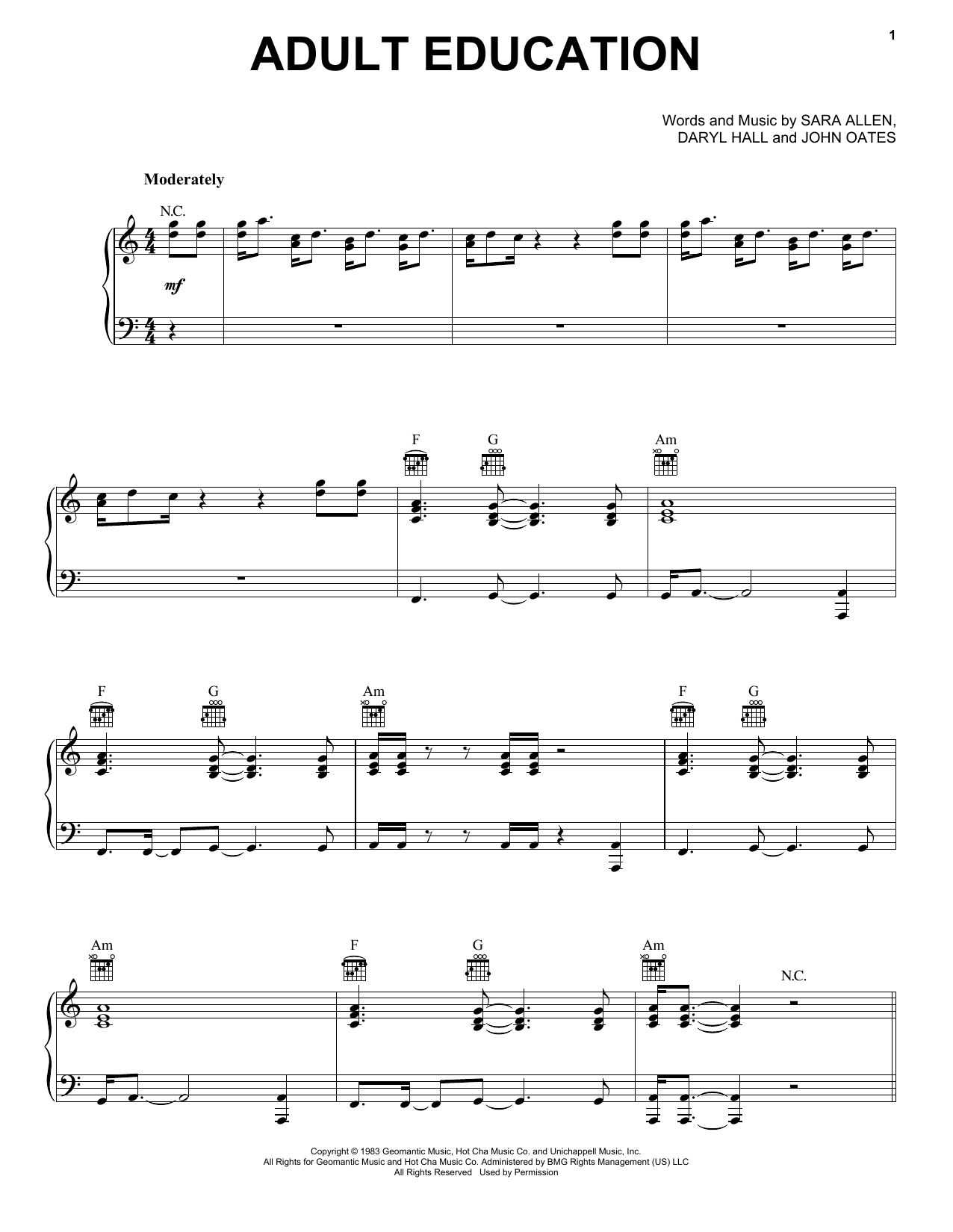 Hall & Oates Adult Education Sheet Music Notes & Chords for Piano, Vocal & Guitar (Right-Hand Melody) - Download or Print PDF