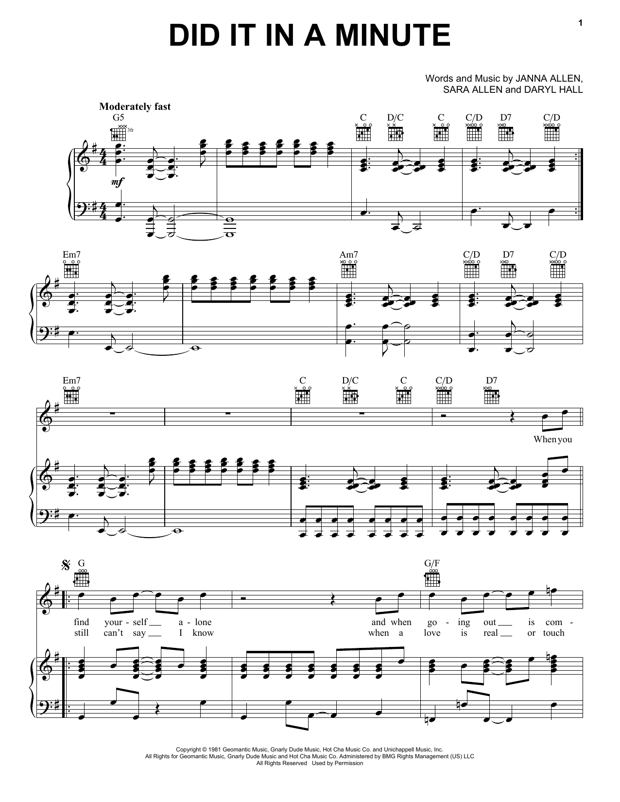 Hall & Oates Did It In A Minute Sheet Music Notes & Chords for Piano, Vocal & Guitar (Right-Hand Melody) - Download or Print PDF