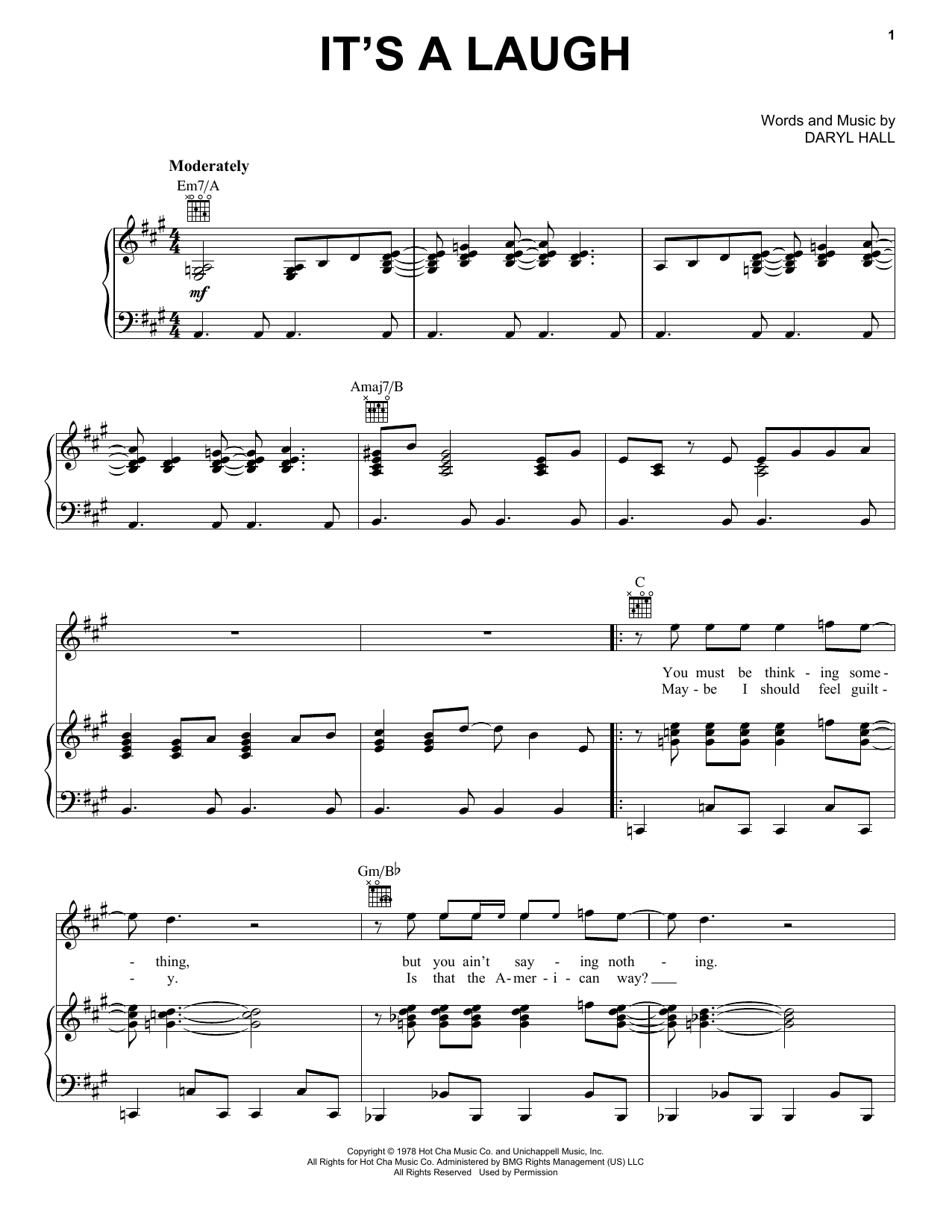 Hall & Oates It's A Laugh Sheet Music Notes & Chords for Piano, Vocal & Guitar (Right-Hand Melody) - Download or Print PDF