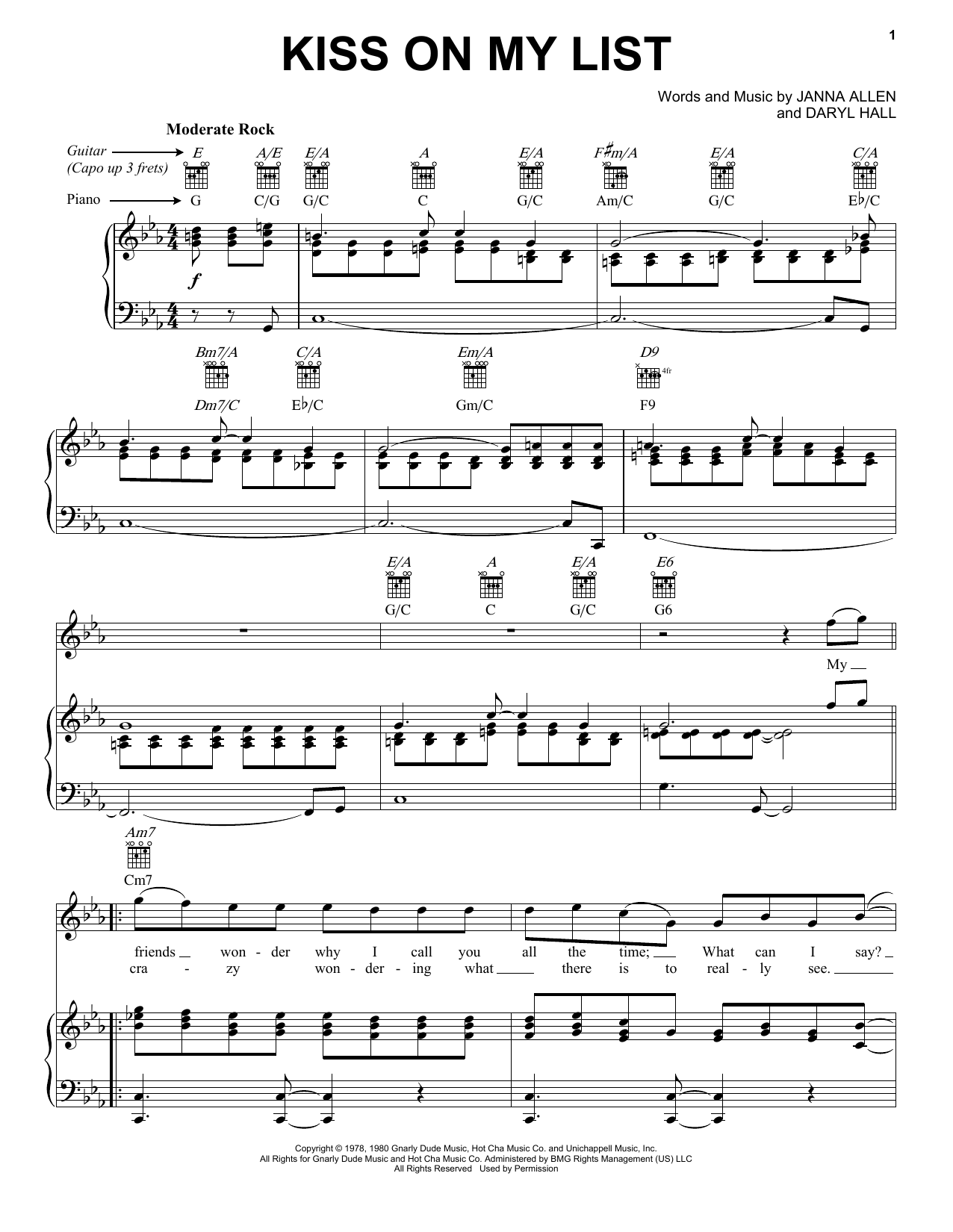 Hall & Oates Kiss On My List Sheet Music Notes & Chords for Easy Piano - Download or Print PDF