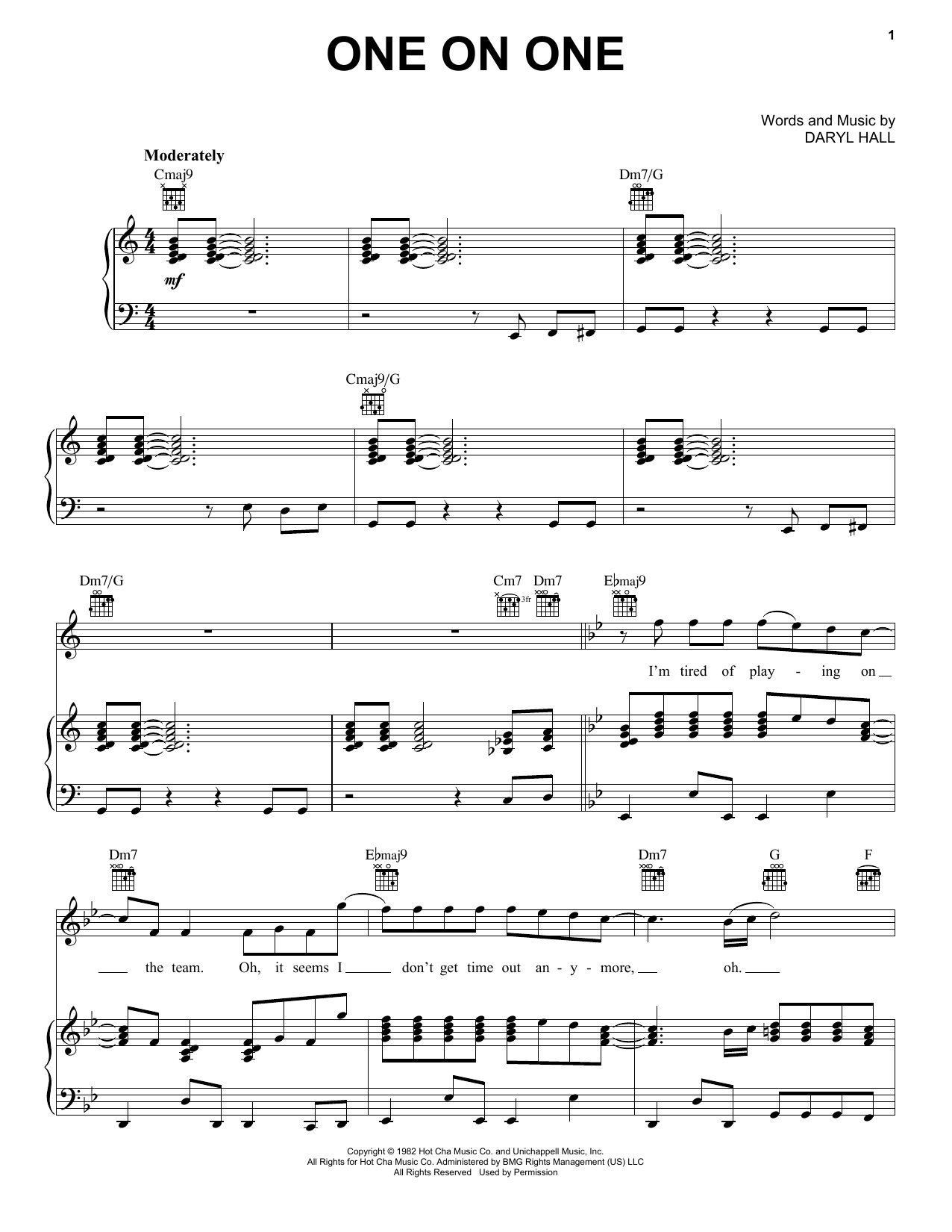 Hall & Oates One On One Sheet Music Notes & Chords for Piano, Vocal & Guitar (Right-Hand Melody) - Download or Print PDF