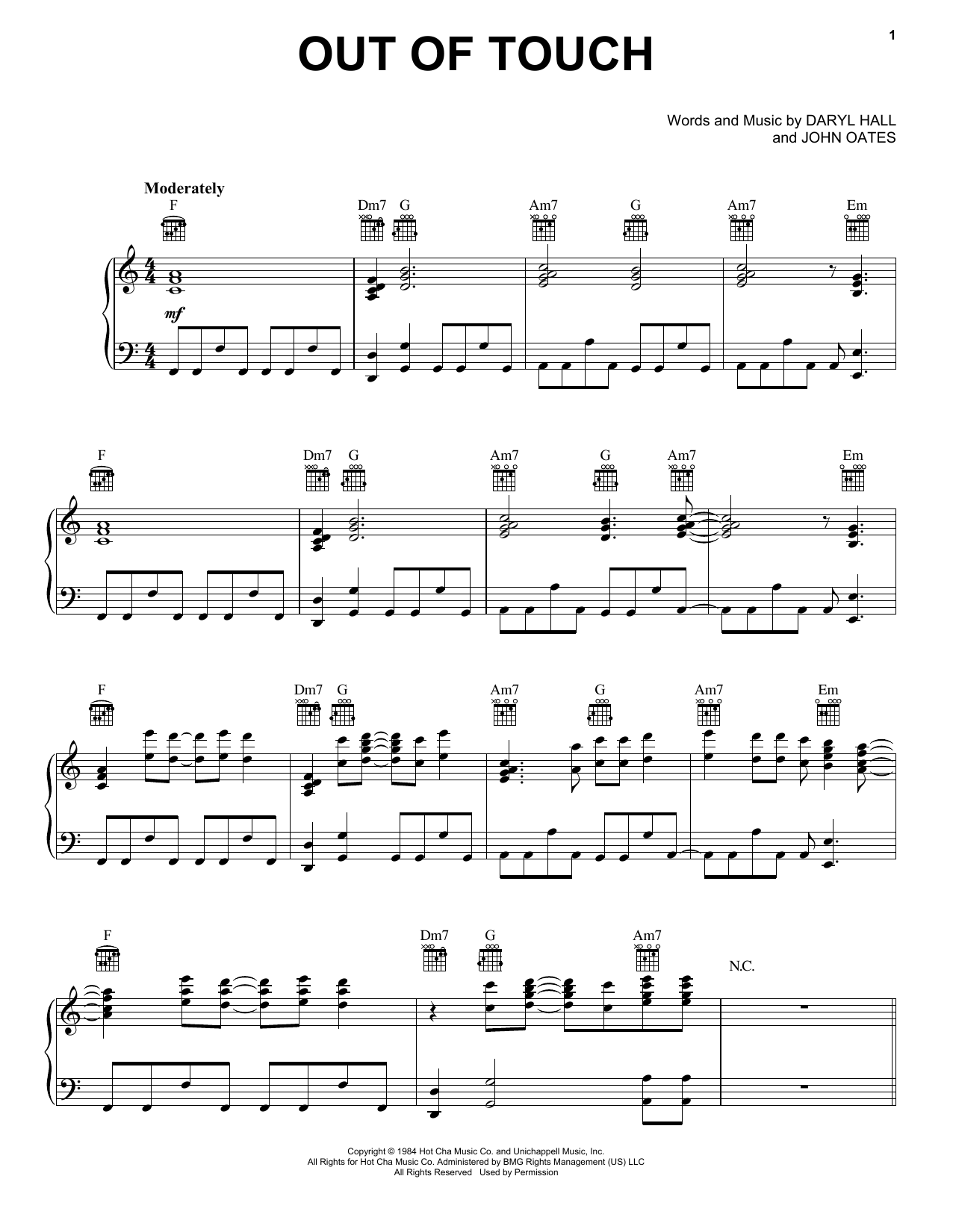 Hall & Oates Out Of Touch Sheet Music Notes & Chords for Piano, Vocal & Guitar (Right-Hand Melody) - Download or Print PDF