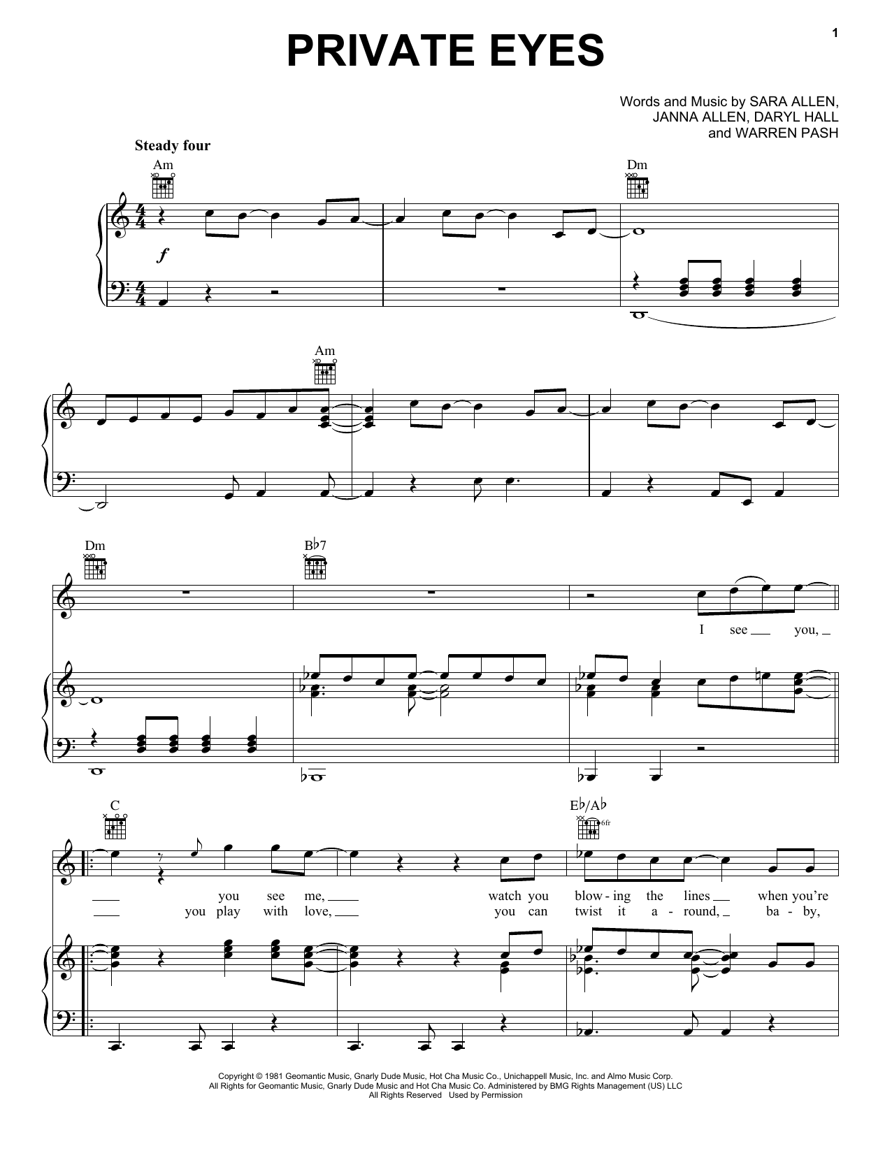Hall & Oates Private Eyes Sheet Music Notes & Chords for Melody Line, Lyrics & Chords - Download or Print PDF