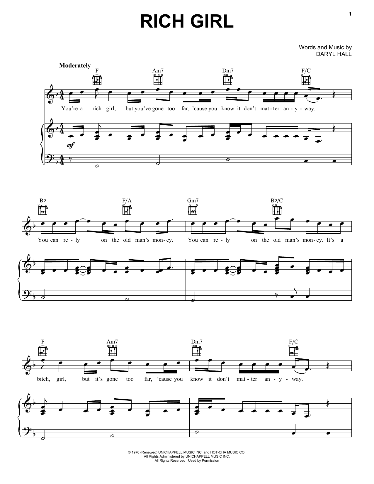 Hall & Oates Rich Girl Sheet Music Notes & Chords for Piano, Vocal & Guitar (Right-Hand Melody) - Download or Print PDF