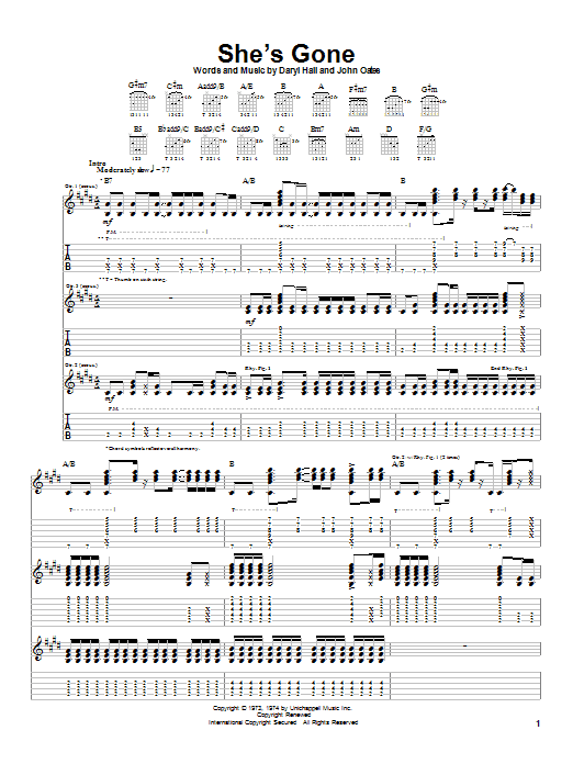 Hall & Oates She's Gone Sheet Music Notes & Chords for Guitar Tab - Download or Print PDF