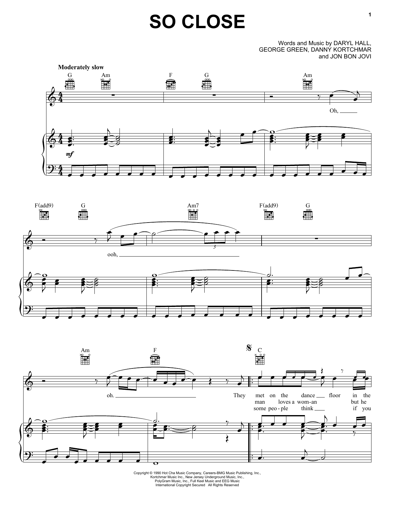 Hall & Oates So Close Sheet Music Notes & Chords for Piano, Vocal & Guitar Chords (Right-Hand Melody) - Download or Print PDF