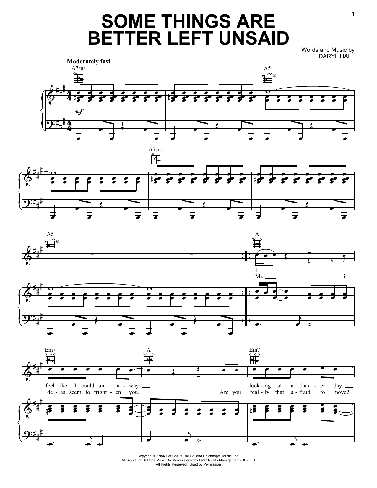 Hall & Oates Some Things Are Better Left Unsaid Sheet Music Notes & Chords for Piano, Vocal & Guitar (Right-Hand Melody) - Download or Print PDF