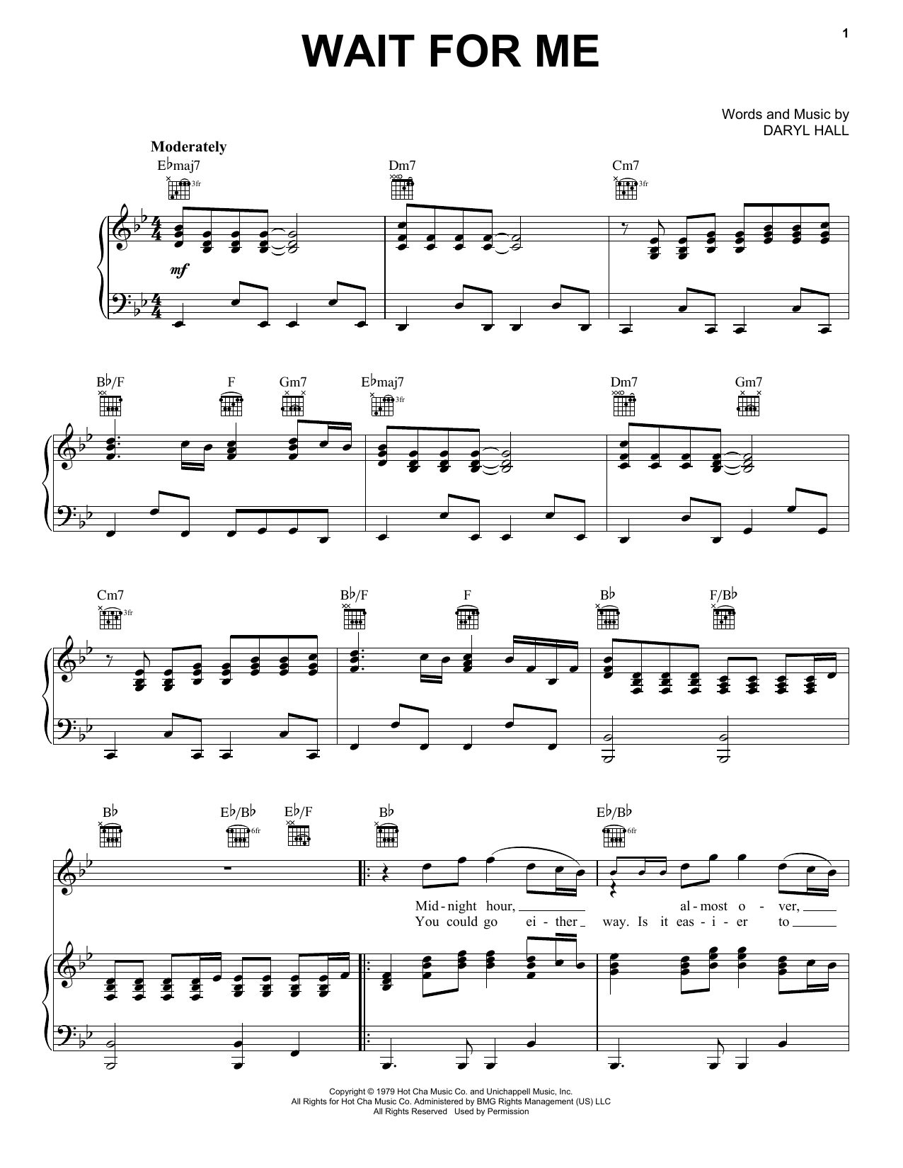 Hall & Oates Wait For Me Sheet Music Notes & Chords for Piano, Vocal & Guitar (Right-Hand Melody) - Download or Print PDF