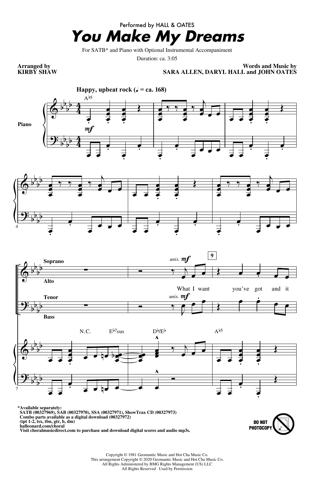 Hall & Oates You Make My Dreams (arr. Kirby Shaw) Sheet Music Notes & Chords for SSA Choir - Download or Print PDF