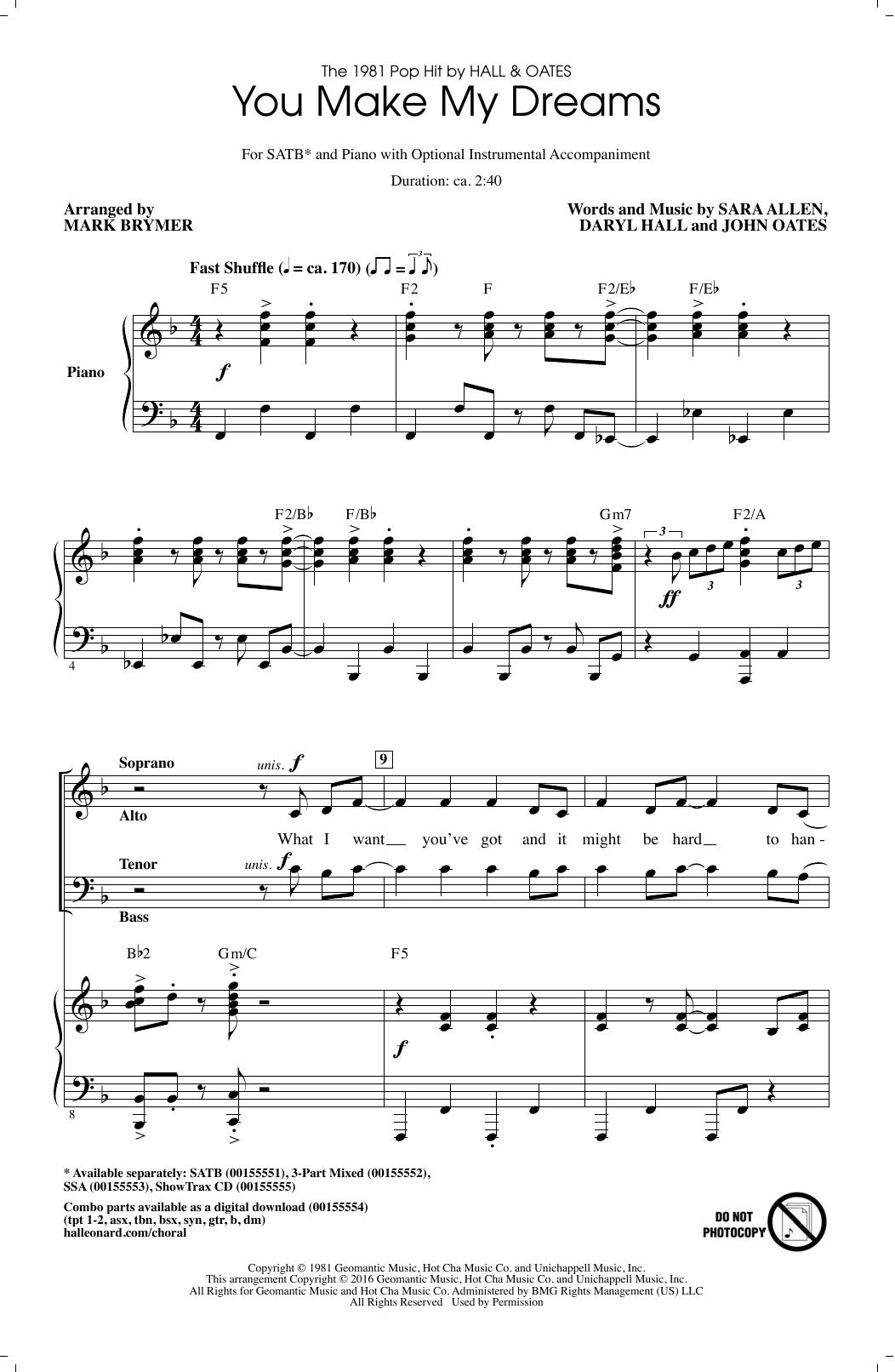 Hall & Oates You Make My Dreams (arr. Mark Brymer) Sheet Music Notes & Chords for SATB - Download or Print PDF