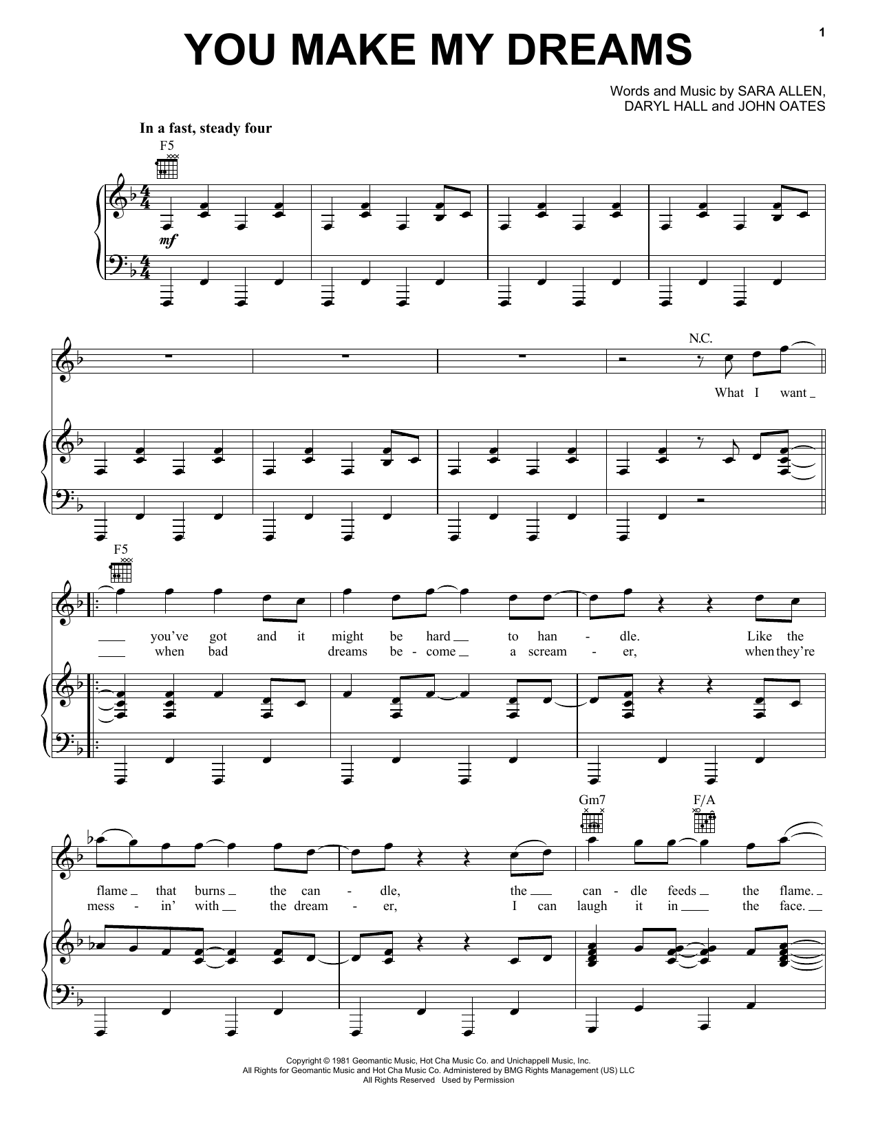 Hall & Oates You Make My Dreams Sheet Music Notes & Chords for Piano, Vocal & Guitar (Right-Hand Melody) - Download or Print PDF