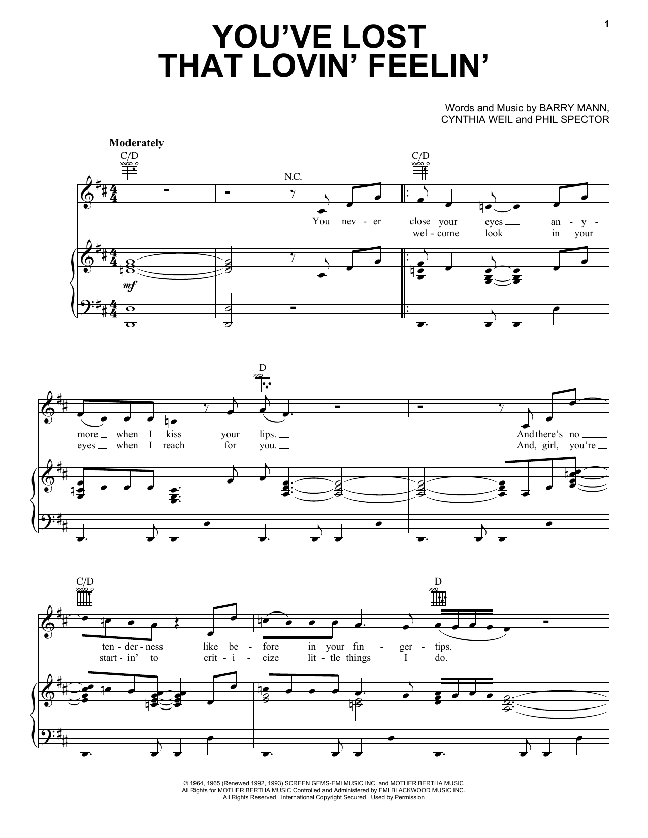 Hall & Oates You've Lost That Lovin' Feelin' Sheet Music Notes & Chords for Piano, Vocal & Guitar (Right-Hand Melody) - Download or Print PDF