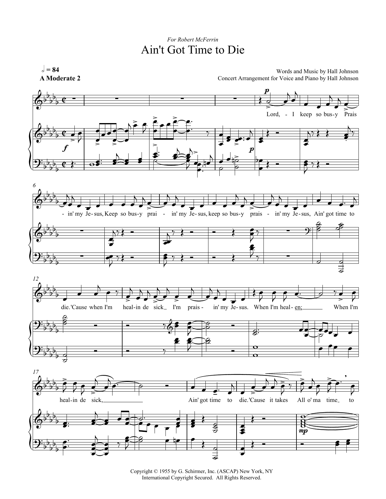 Hall Johnson Ain't Got Time to Die (D-flat) Sheet Music Notes & Chords for Piano & Vocal - Download or Print PDF