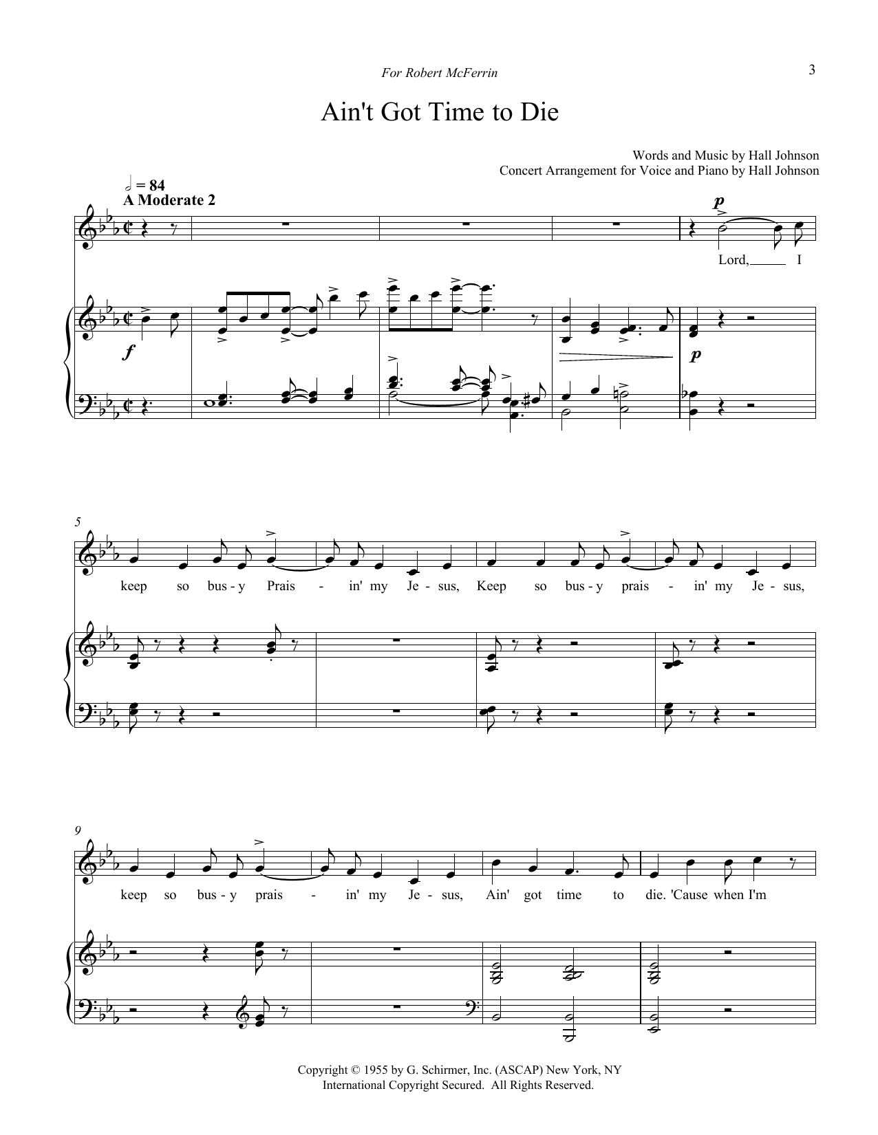 Hall Johnson Ain't Got Time to Die (E-flat) Sheet Music Notes & Chords for Piano & Vocal - Download or Print PDF