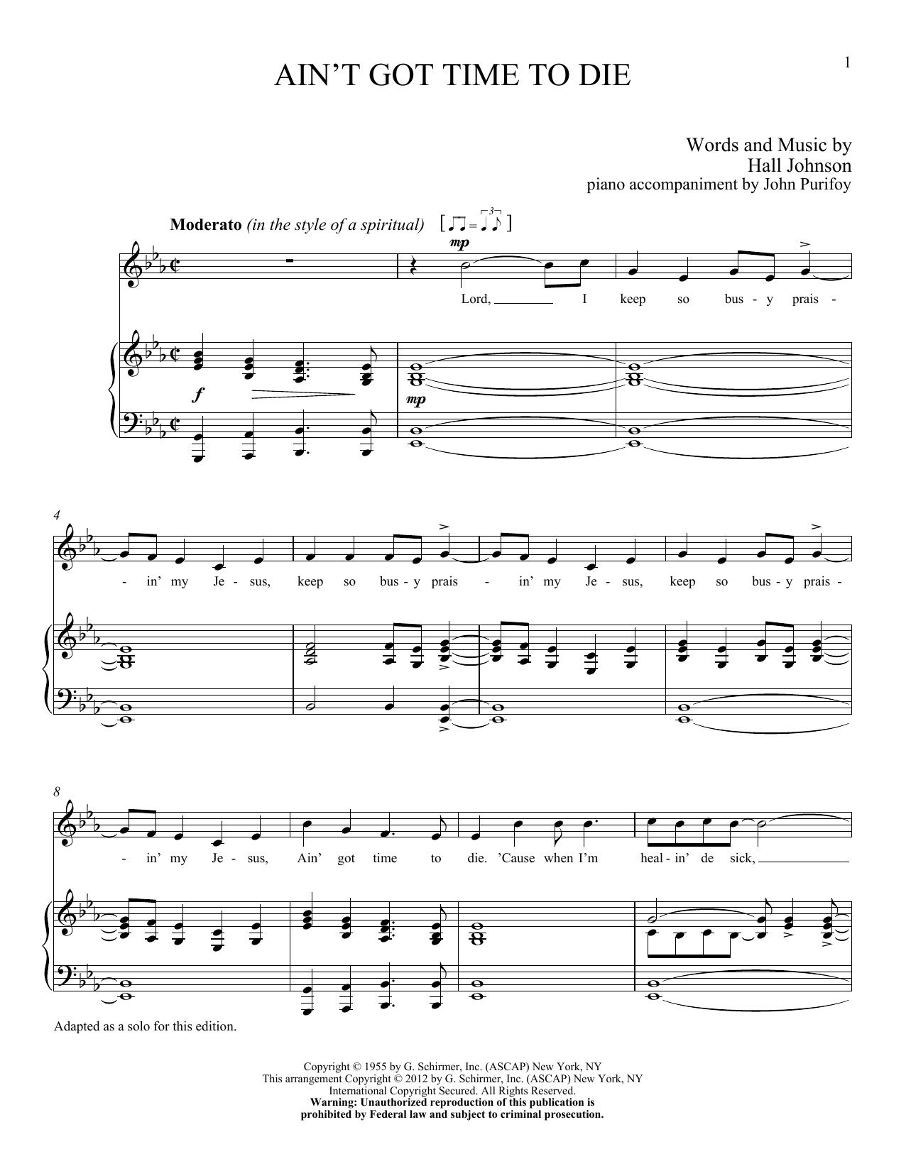 Hall Johnson Ain't Got Time to Die Sheet Music Notes & Chords for Piano & Vocal - Download or Print PDF