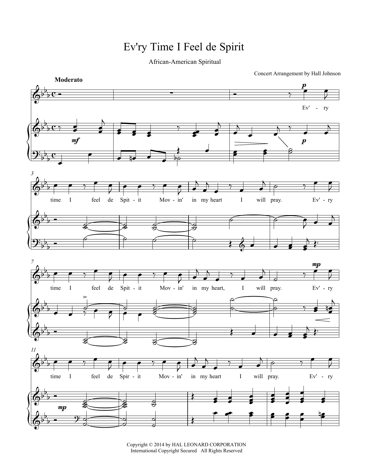 Hall Johnson Ev'ry Time I Feel de Spirit (E-flat) Sheet Music Notes & Chords for Piano & Vocal - Download or Print PDF