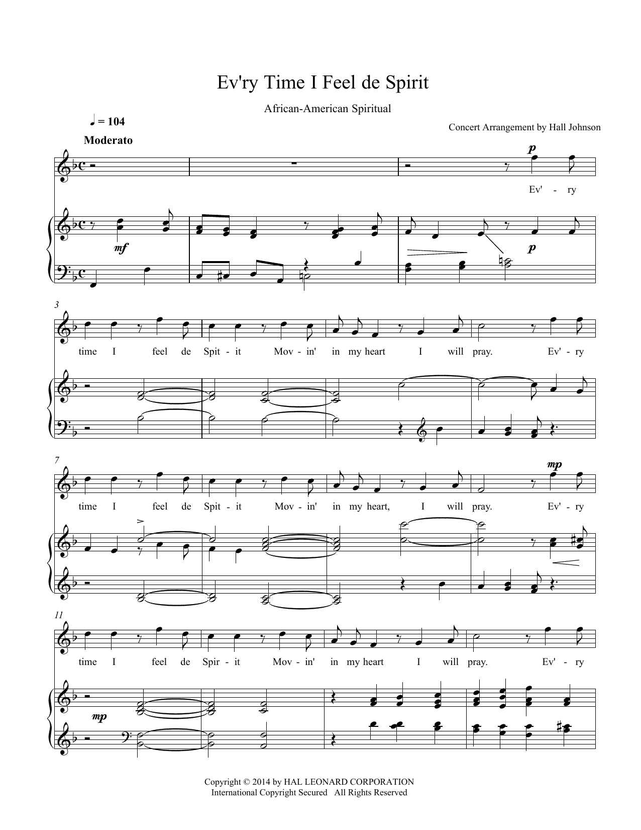 Hall Johnson Ev'ry Time I Feel de Spirit (F) Sheet Music Notes & Chords for Piano & Vocal - Download or Print PDF