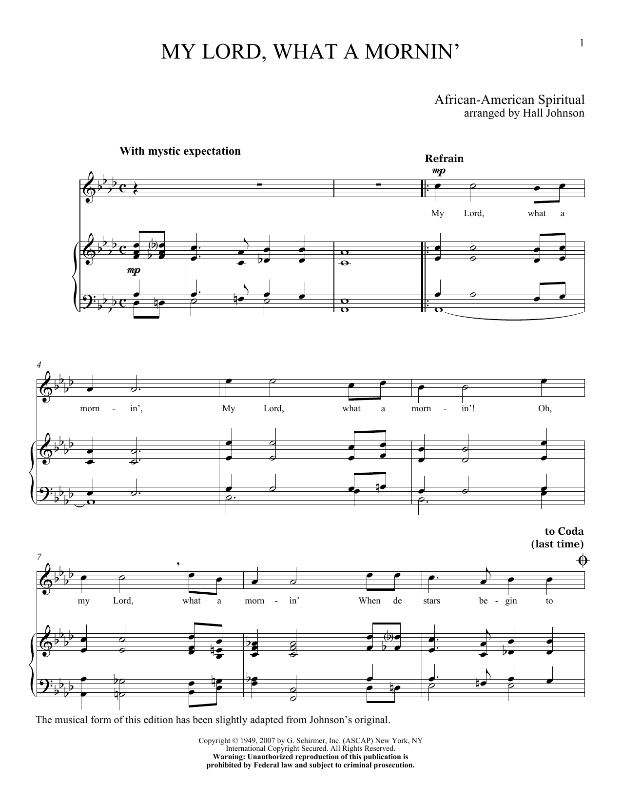 Hall Johnson My Lord What A Mornin' Sheet Music Notes & Chords for Piano & Vocal - Download or Print PDF