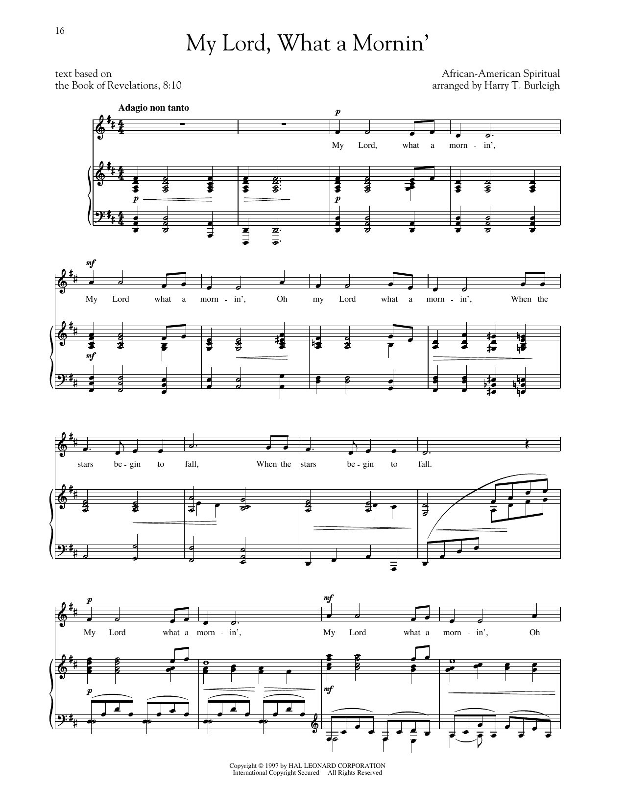 Hall Johnson My Lord, What A Morning (arr. Richard Walters) (High Voice) Sheet Music Notes & Chords for Piano & Vocal - Download or Print PDF