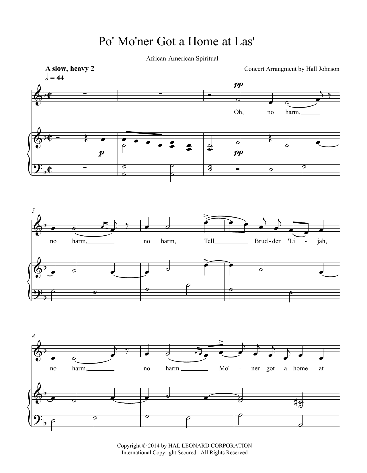 Hall Johnson Po' Mo'ner Got a Home at Las' (D minor) Sheet Music Notes & Chords for Piano & Vocal - Download or Print PDF