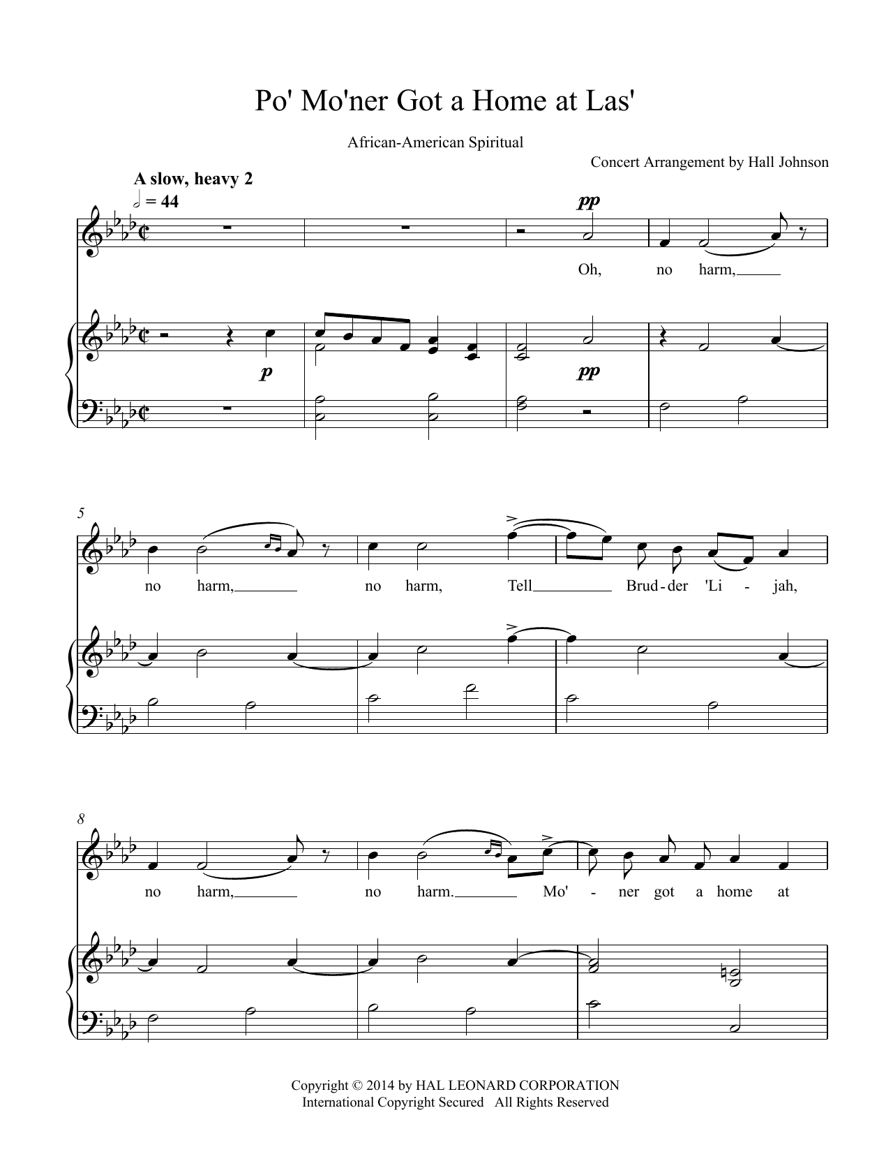 Hall Johnson Po' Mo'ner Got a Home at Las' (F minor) Sheet Music Notes & Chords for Piano & Vocal - Download or Print PDF